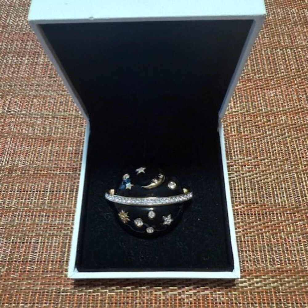 Swarovski Swan Signed Black Enamel Crystals Celestial Planet Brooch Stars Moon